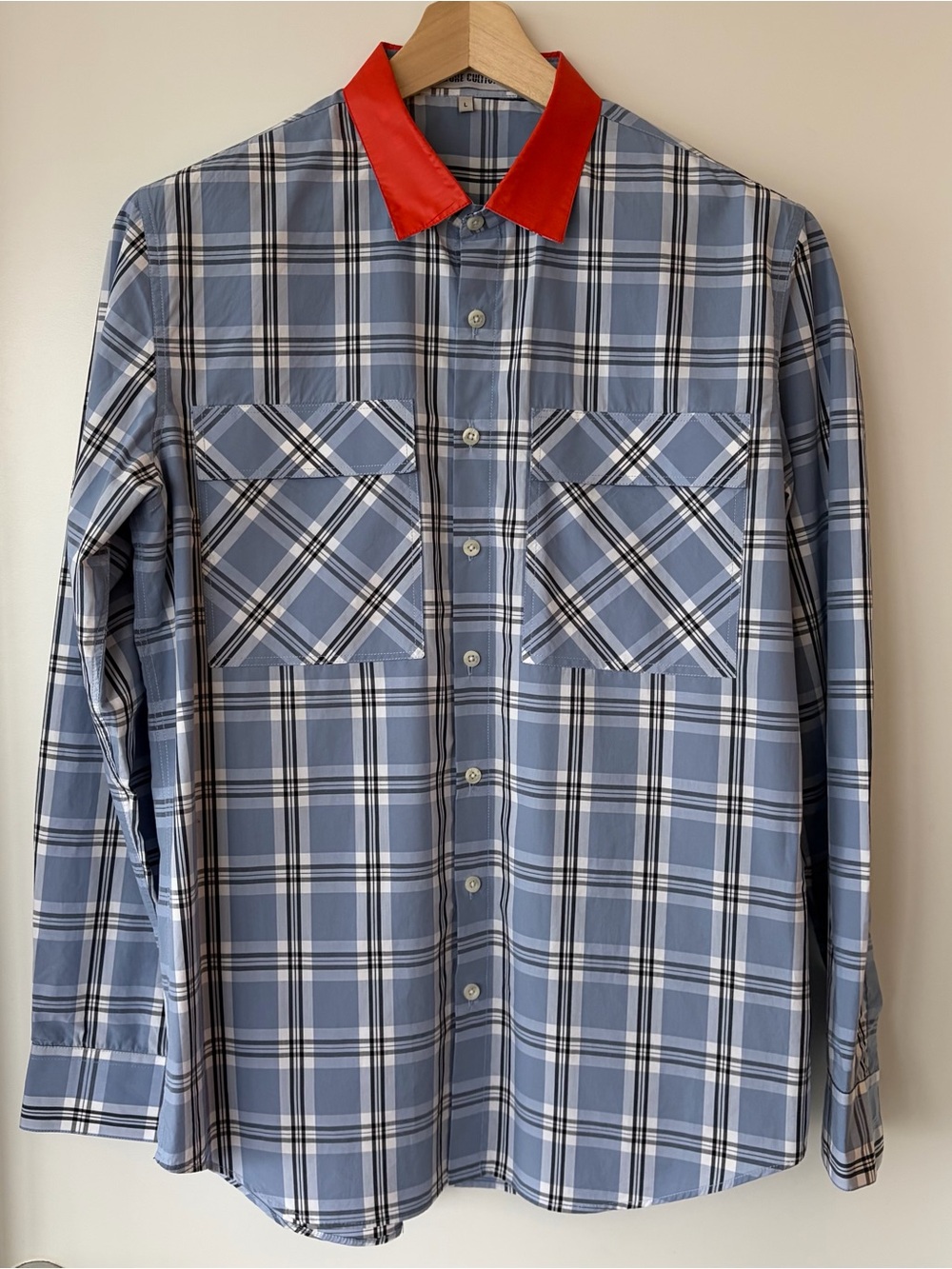 Men's Blue Plaid Button-Down Shirt with Red Contrast Collar